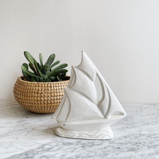 Vintage White Ceramic Sailboat Planter