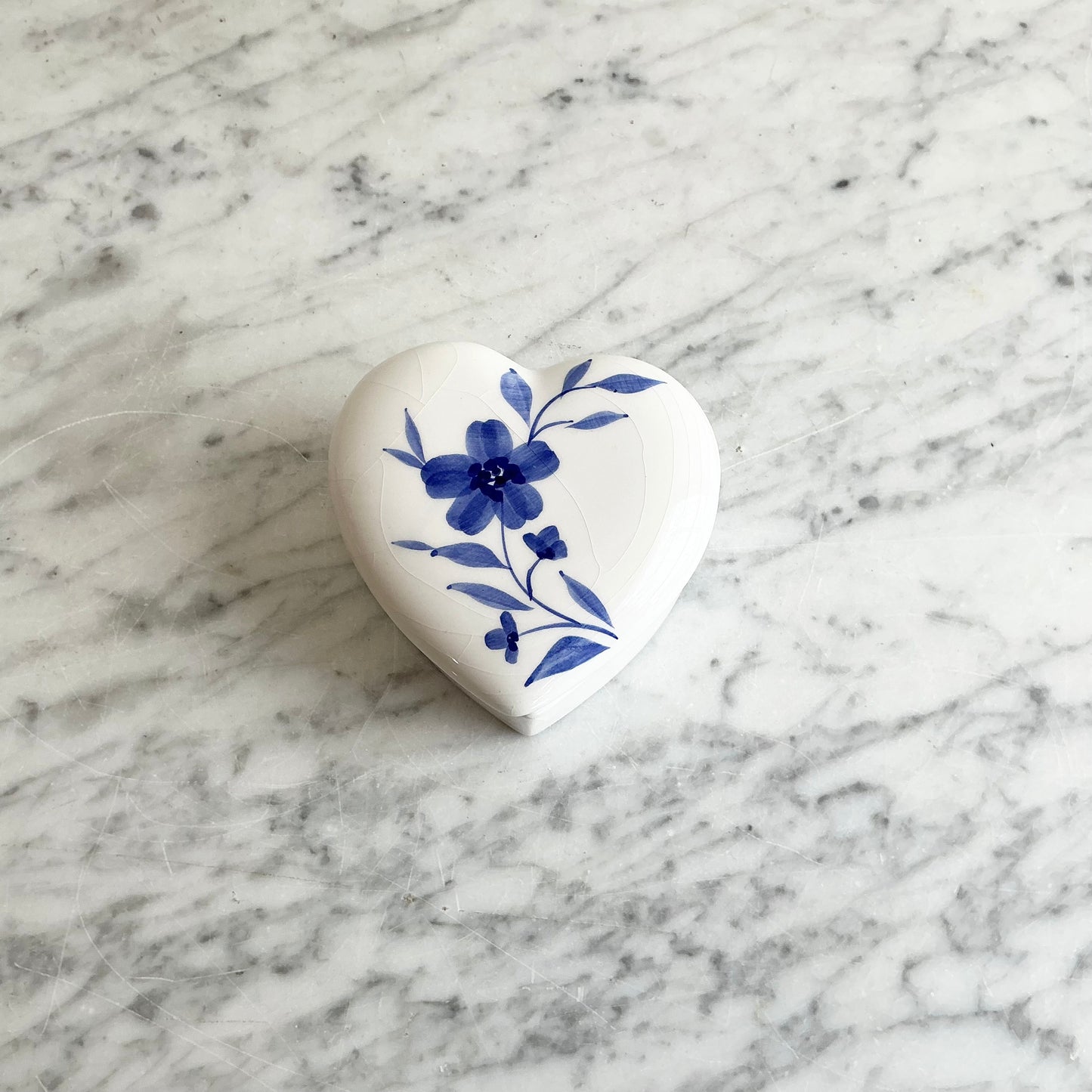 Vintage Ceramic Heart Box with Blue Flowers