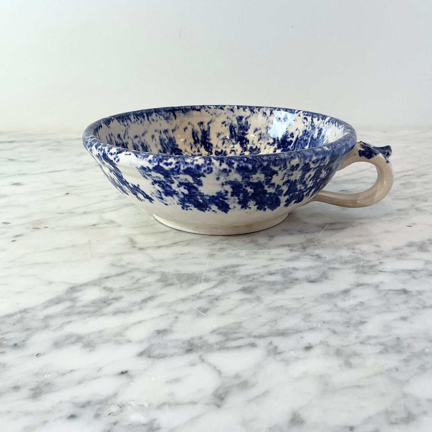 Vintage Blue Spongeware Bowl with Handle