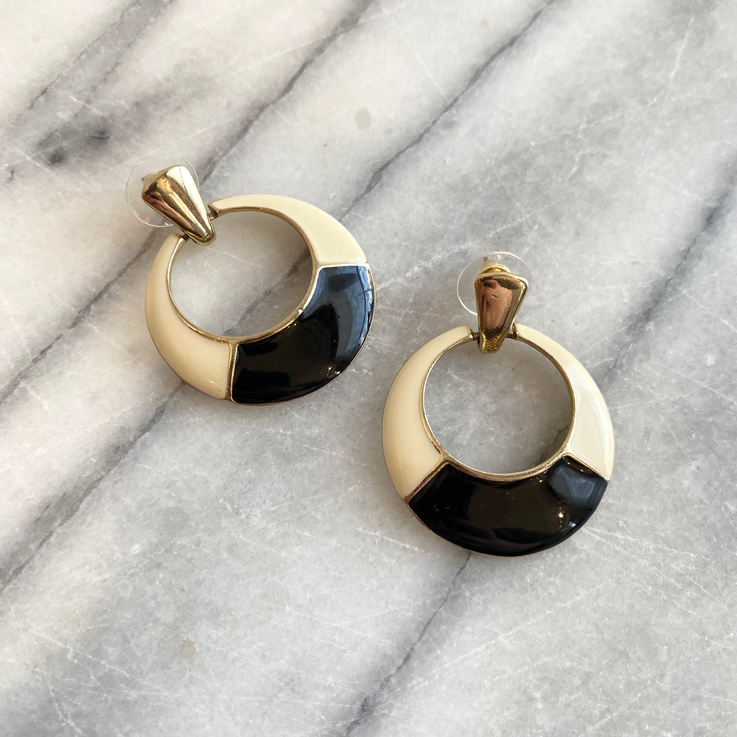 Large Vintage Postmodern Enamel + Gold Earrings