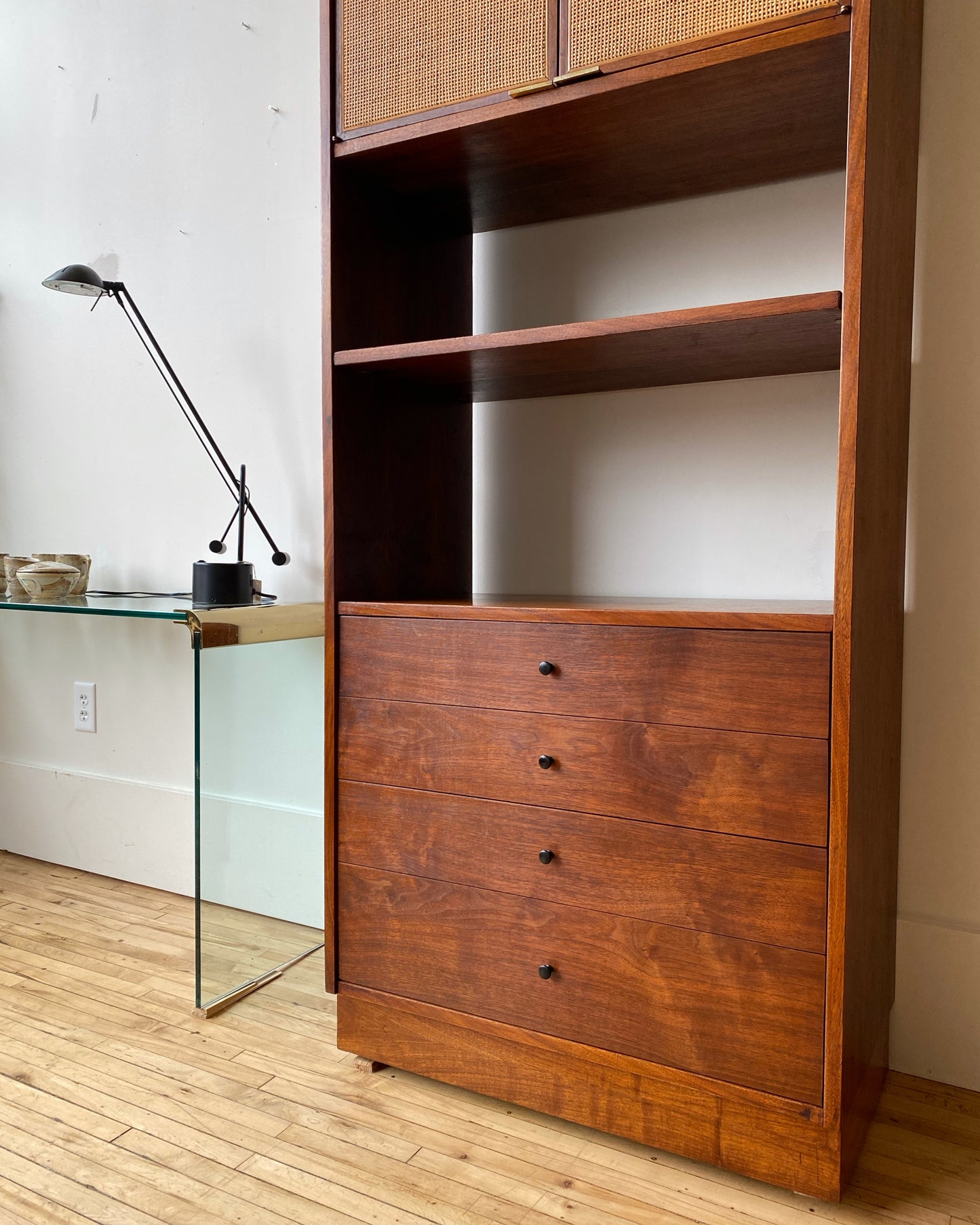 Jack Cartwright for Founders Walnut + Cane Cabinet, circa 1960