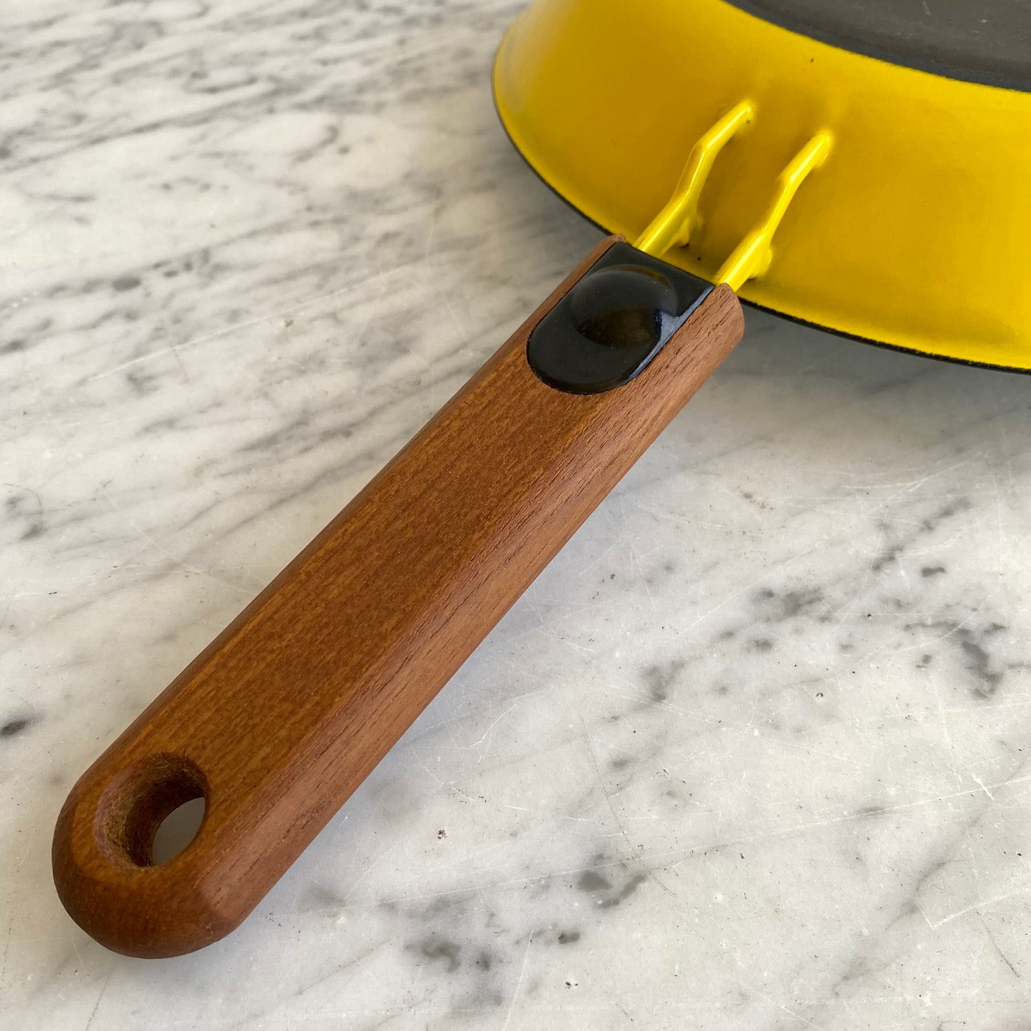 Vintage Yellow + White Enamel Skillet with Wood Handle