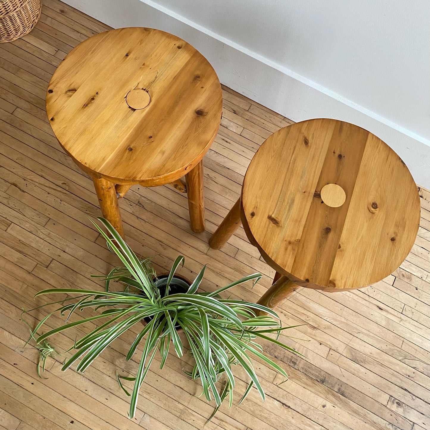 Pair of Vintage Handcrafted Folksy Pine Stools
