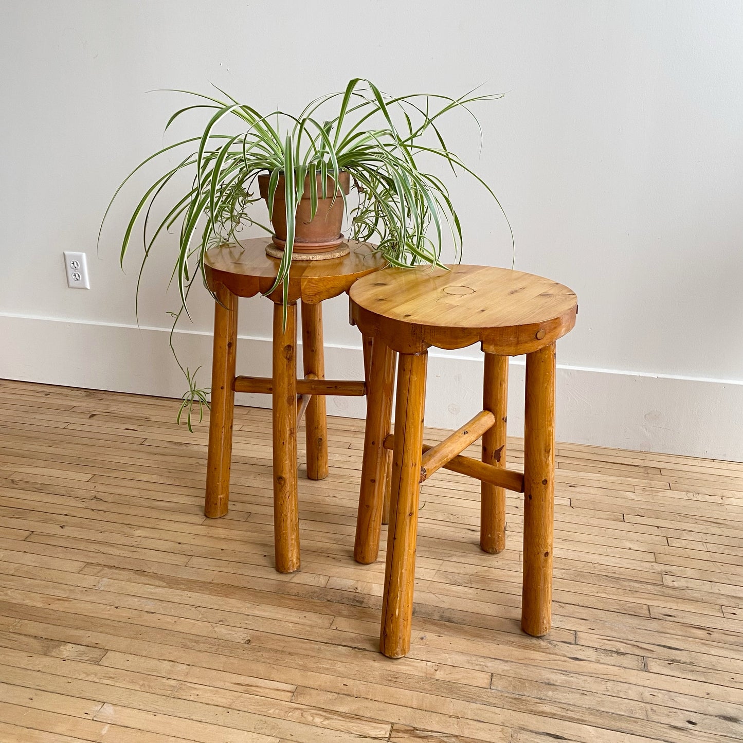 Pair of Vintage Handcrafted Folksy Pine Stools