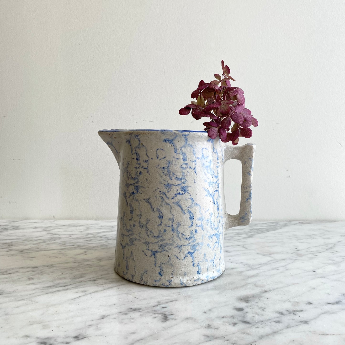 Antique Light Blue Spongeware Pottery Pitcher, 6.5”