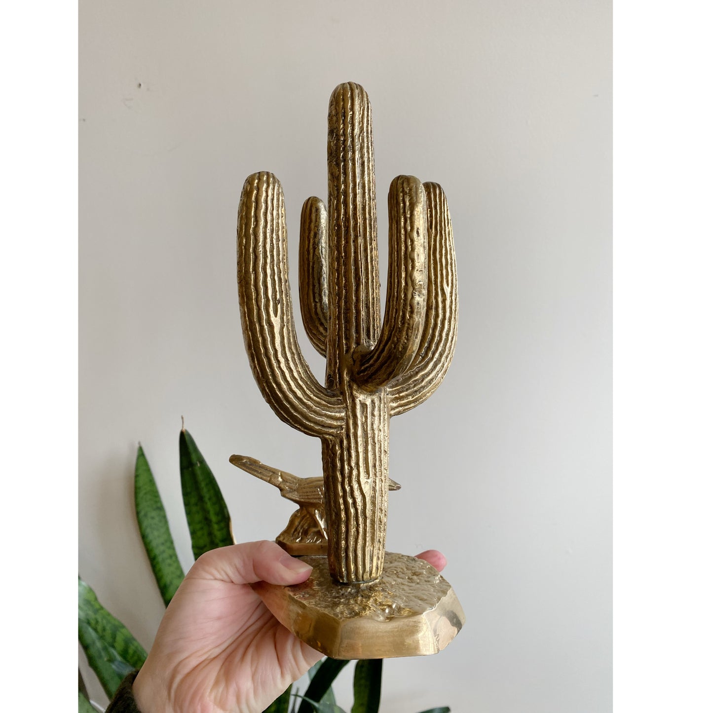 Large Vintage Brass Cactus with Roadrunner, 11"