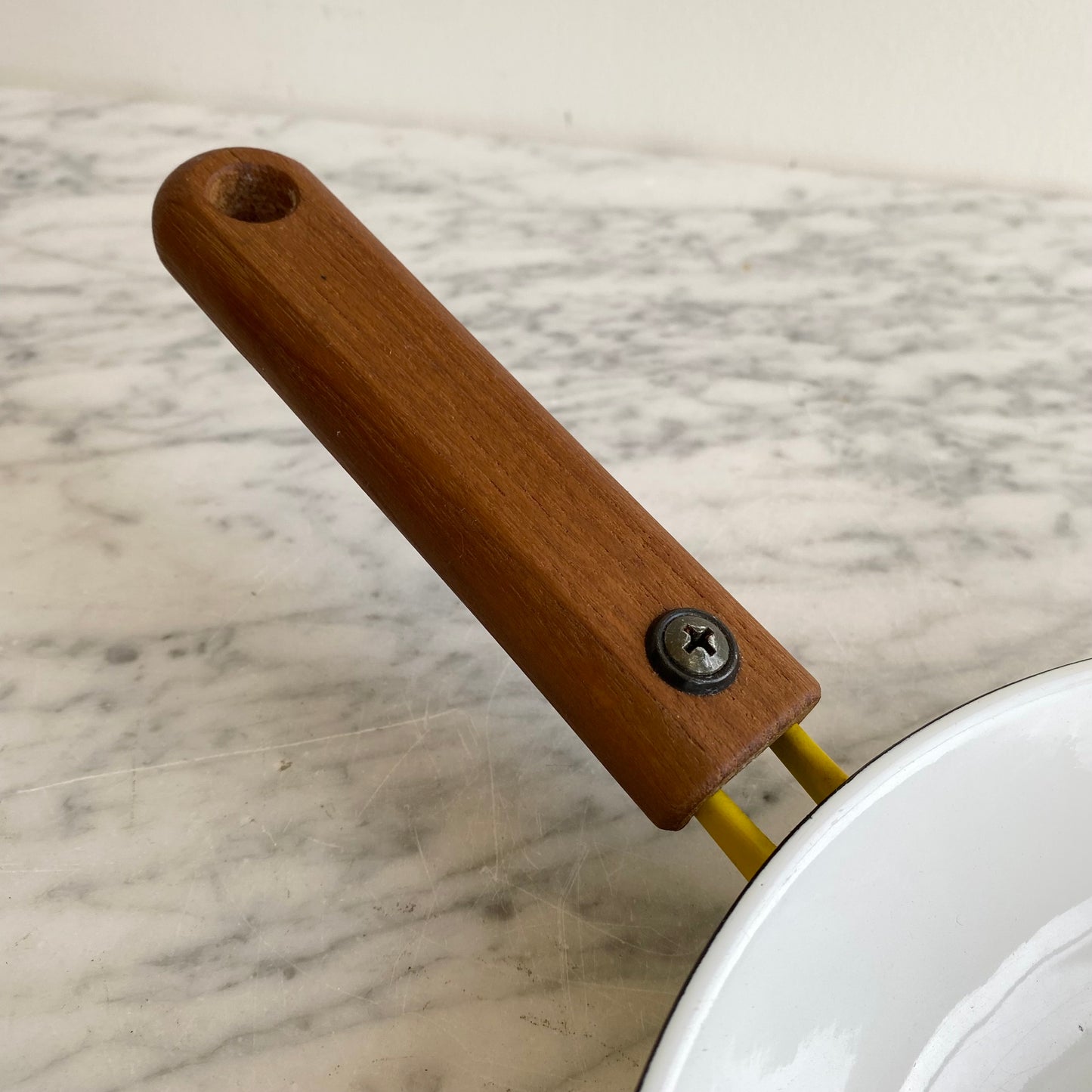 Vintage Yellow + White Enamel Skillet with Wood Handle