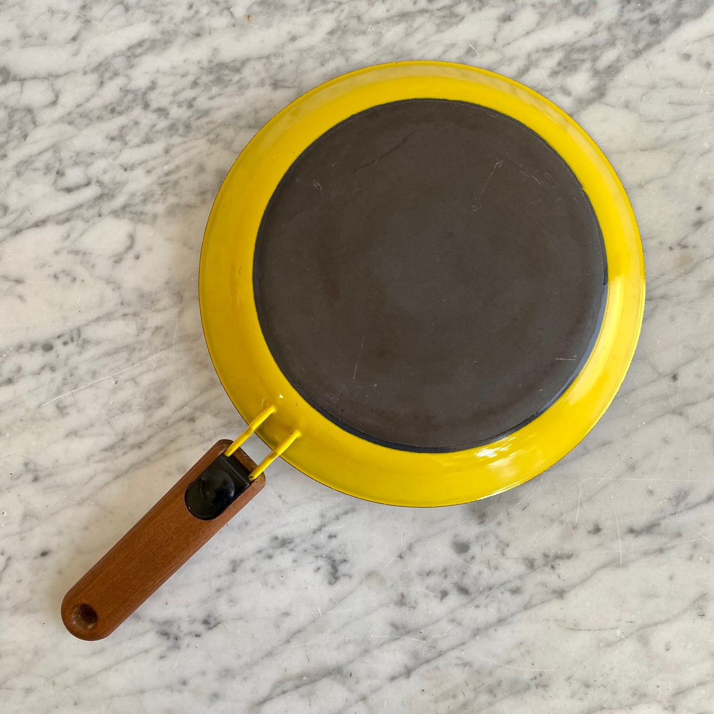 Vintage Yellow + White Enamel Skillet with Wood Handle