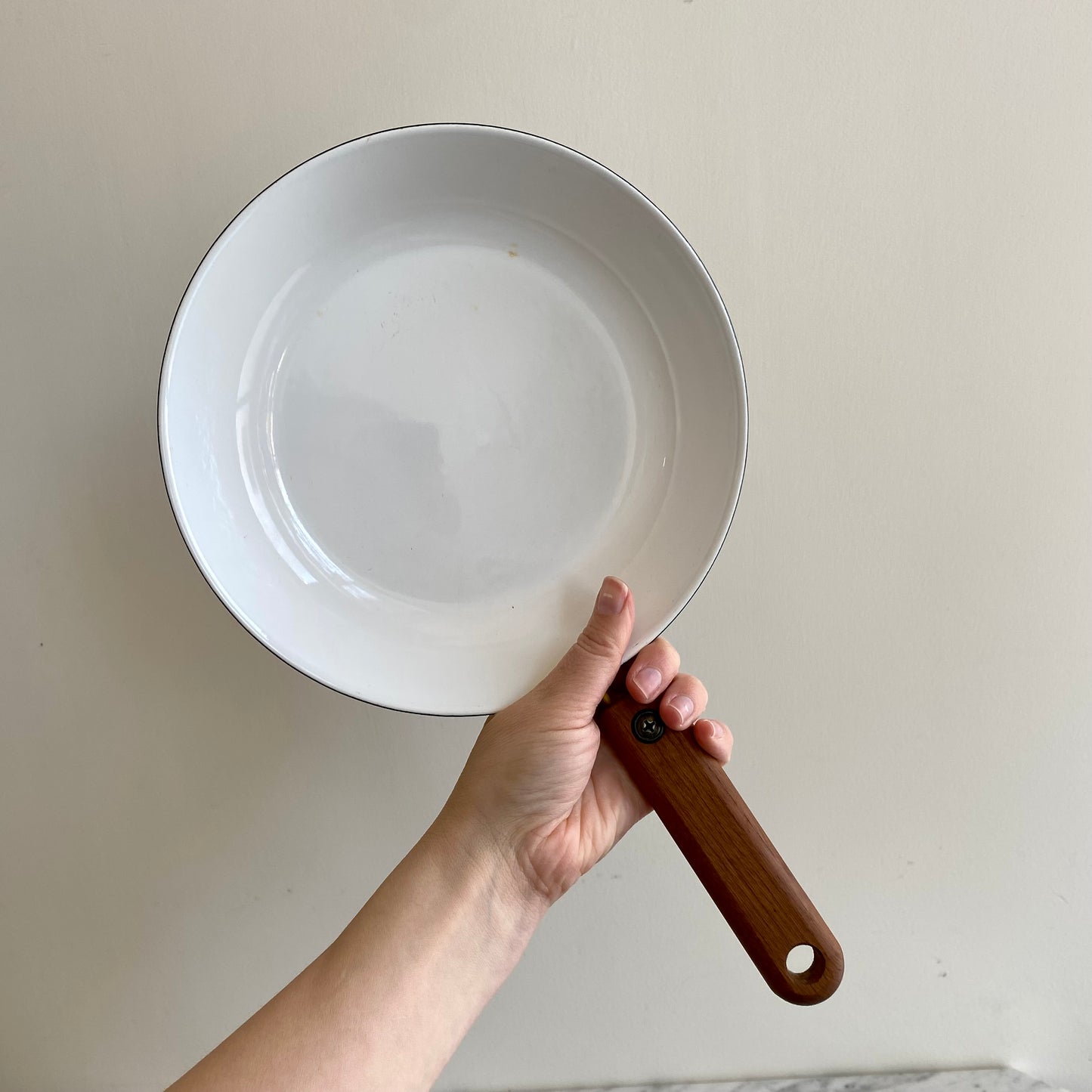 Vintage Yellow + White Enamel Skillet with Wood Handle