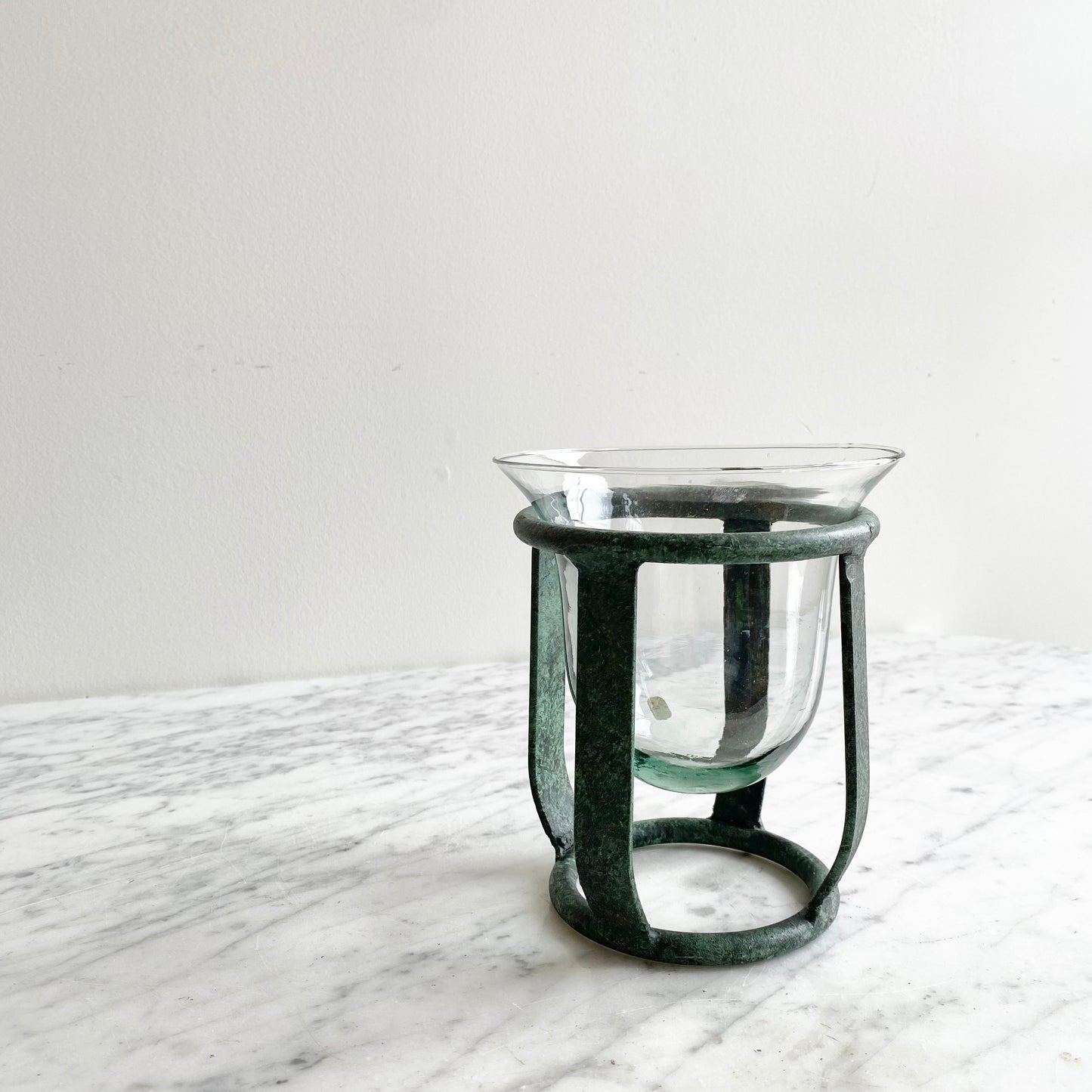 Vintage Blown Glass Candle Holder with Metal Stand, Mexico