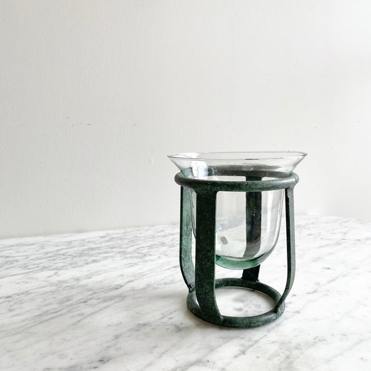 Vintage Blown Glass Candle Holder with Metal Stand, Mexico
