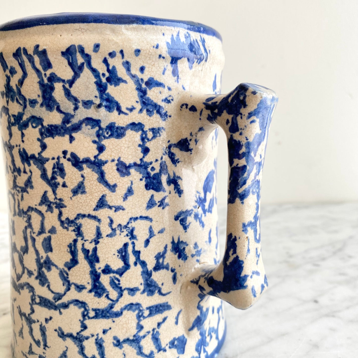 Antique Blue Spongeware Pottery Pitcher, 7”