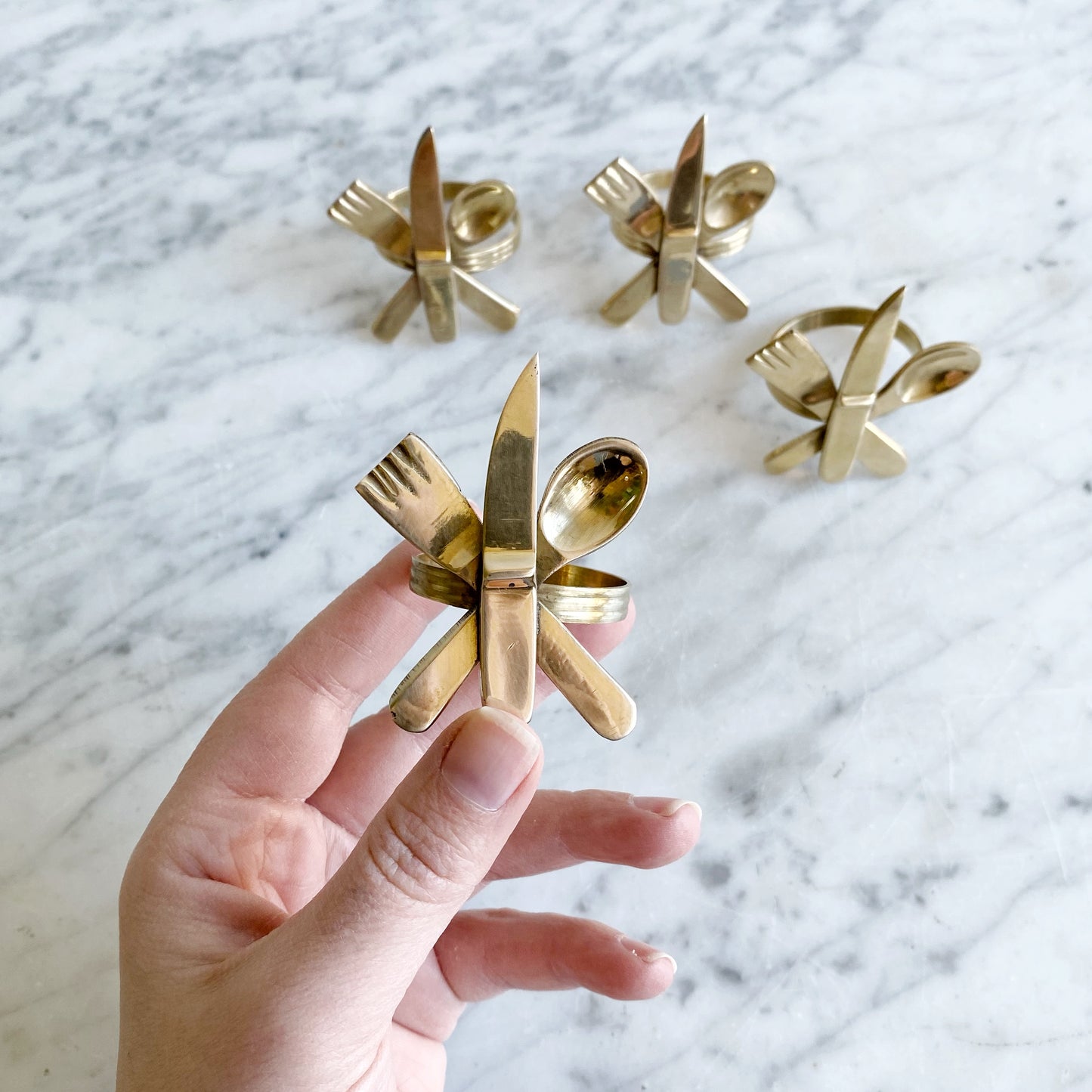 S/4 Vintage Modernist Brass "Flatware" Napkin Rings