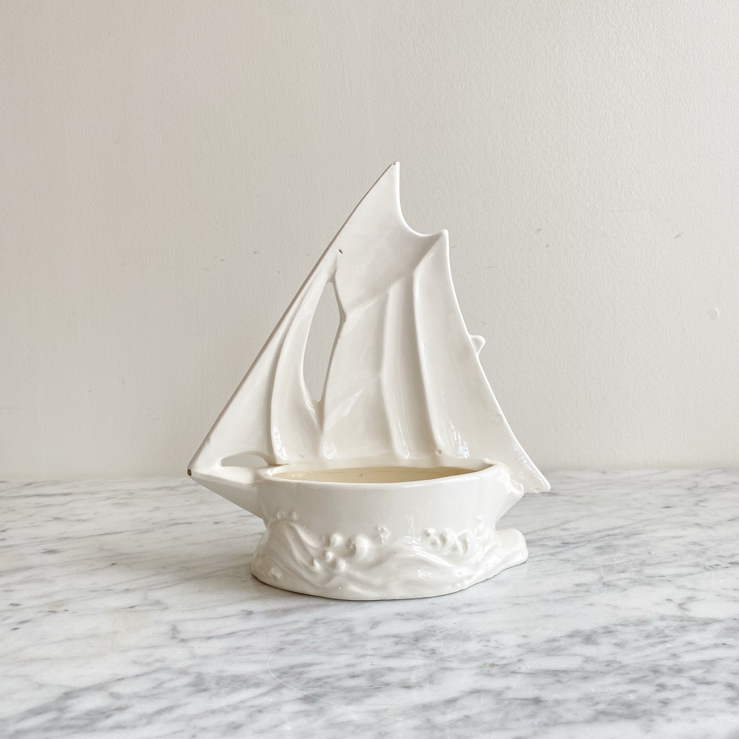 Vintage White Ceramic Sailboat Planter
