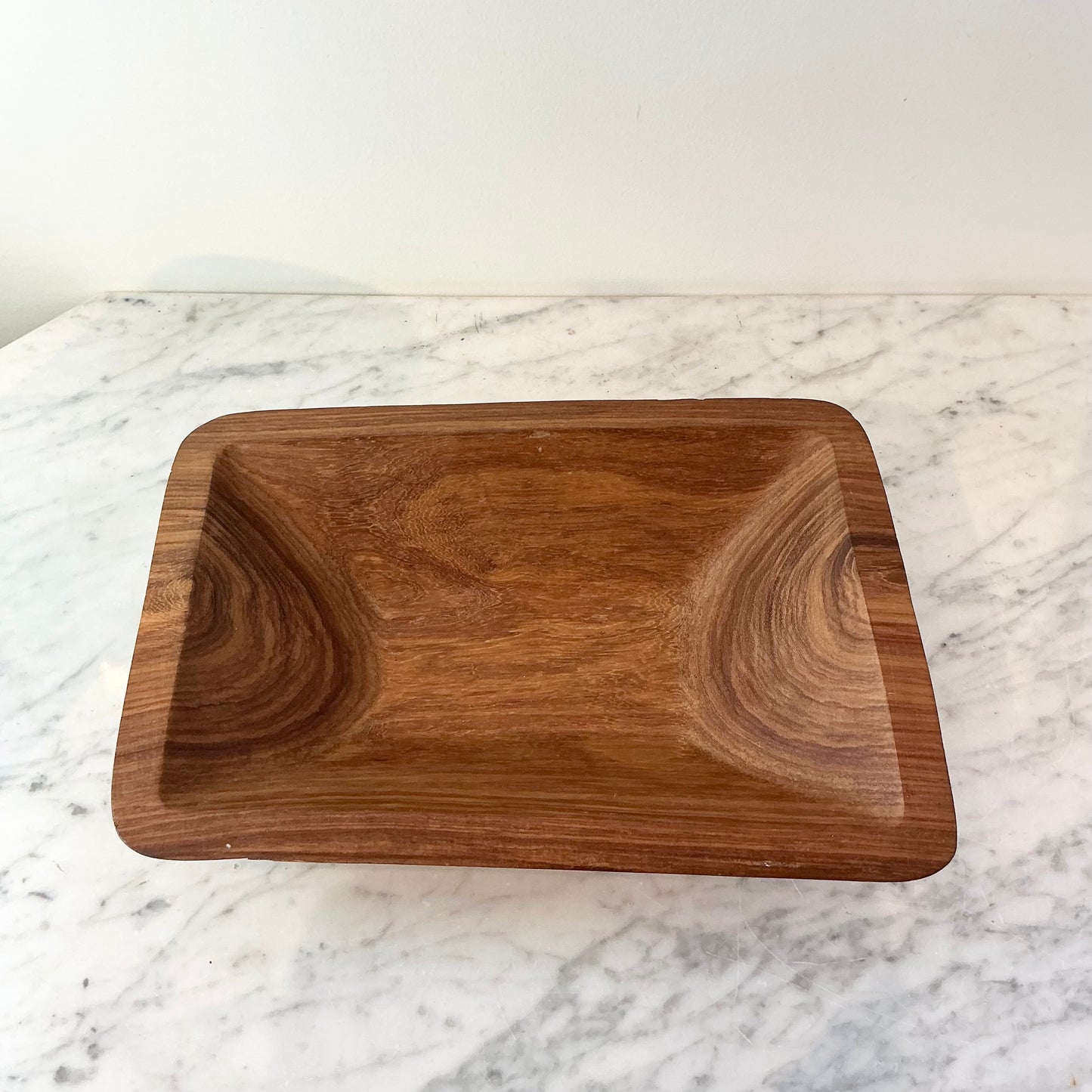 Vintage Rectangular Carved Wooden Bowl
