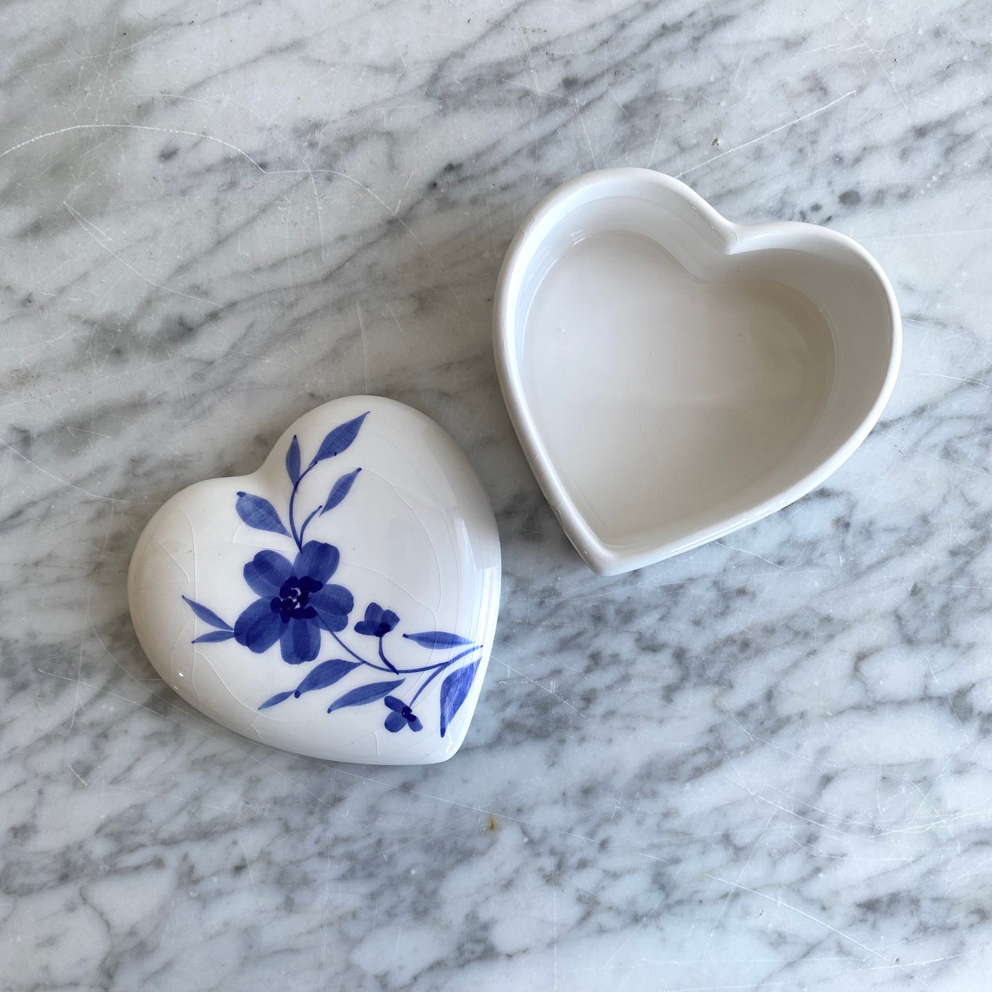 Vintage Ceramic Heart Box with Blue Flowers