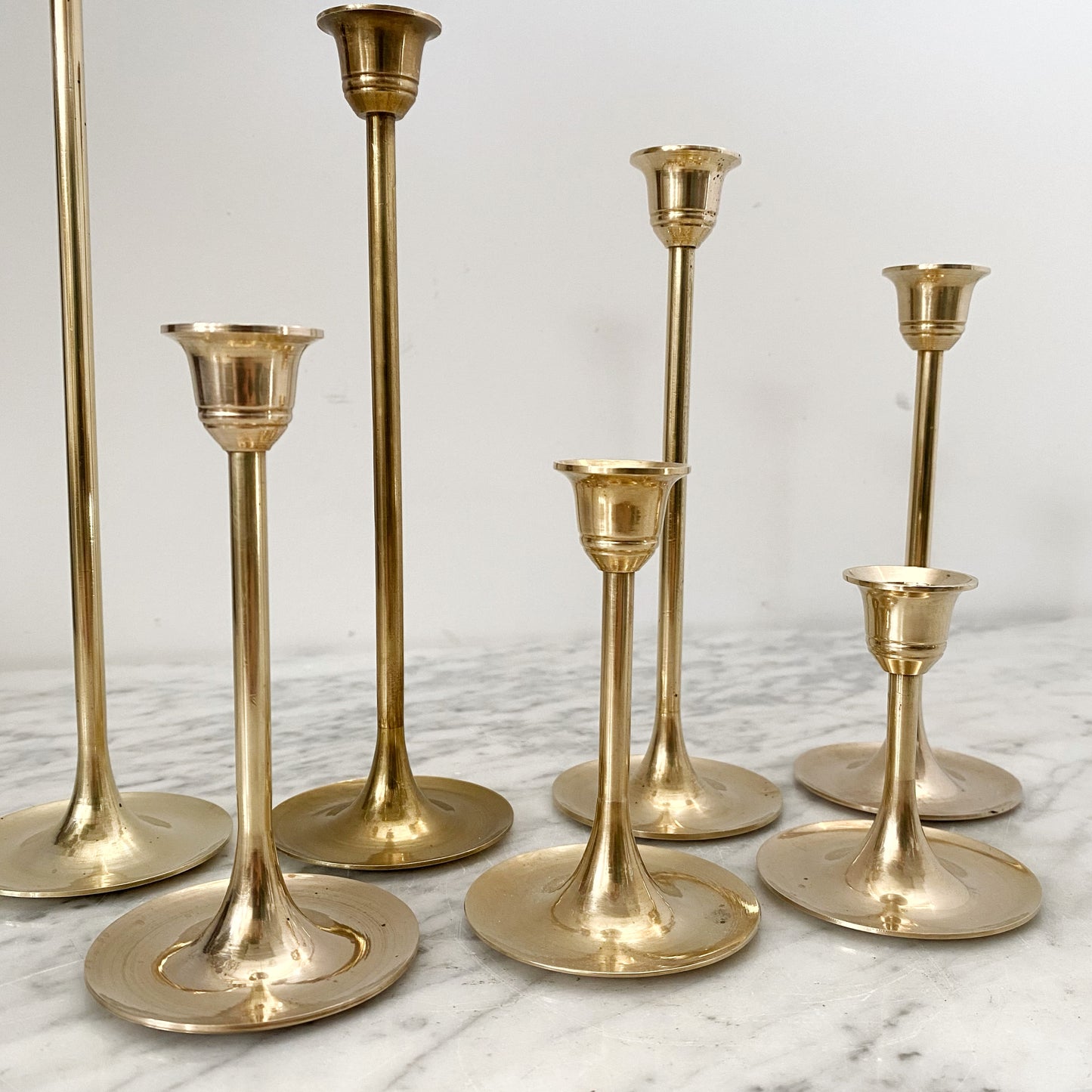 Collection of 7 Vintage Slender Brass Candlestick Holders