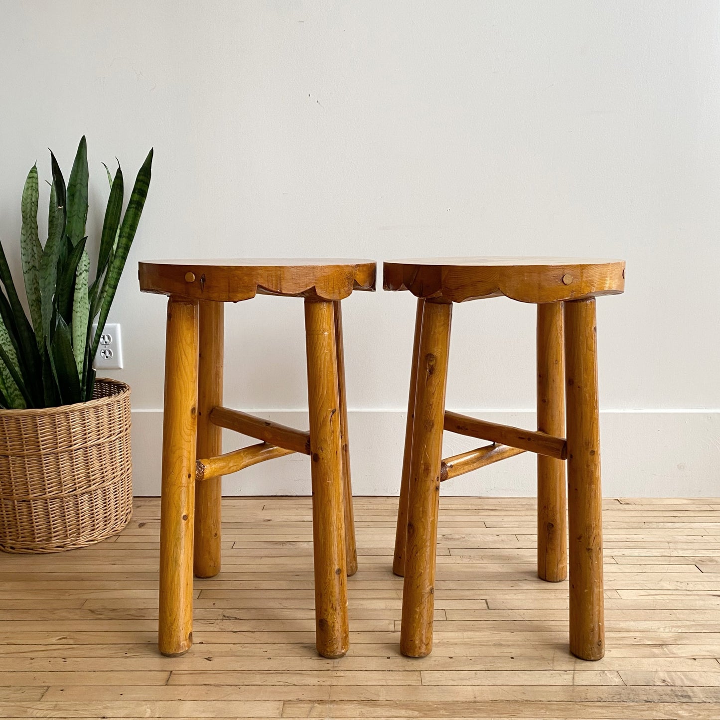 Pair of Vintage Handcrafted Folksy Pine Stools