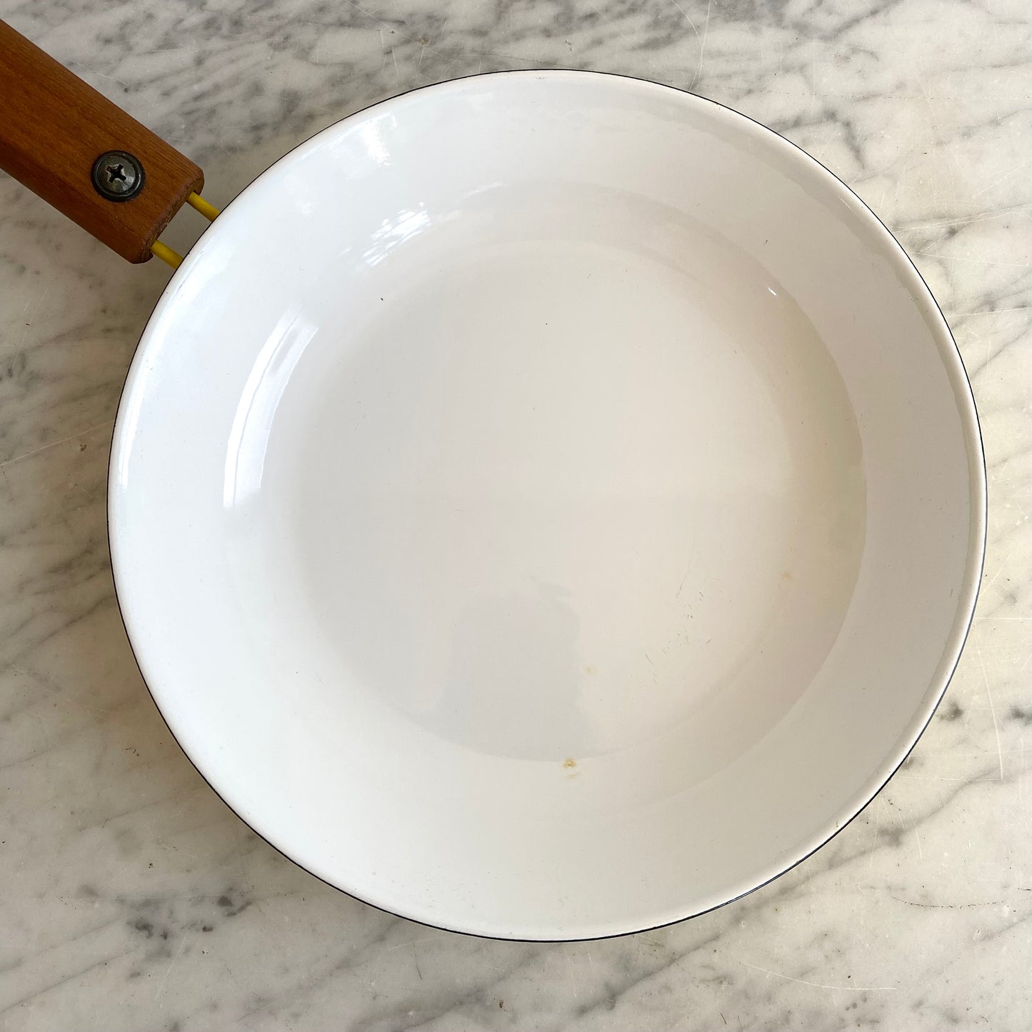 Vintage Yellow + White Enamel Skillet with Wood Handle