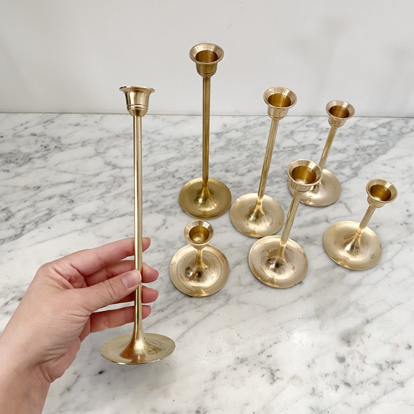 Collection of 7 Vintage Slender Brass Candlestick Holders