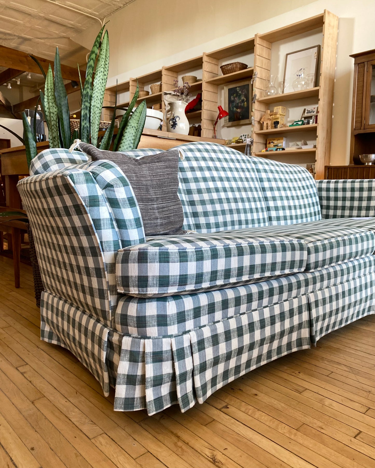Vintage Green + White Gingham Sofa by Flexsteel