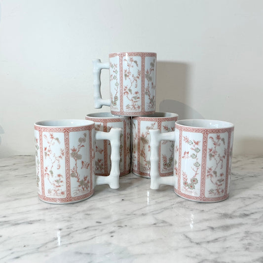 S/5 Vintage Japanese Floral Chinoiserie Patterned Ceramic Mugs