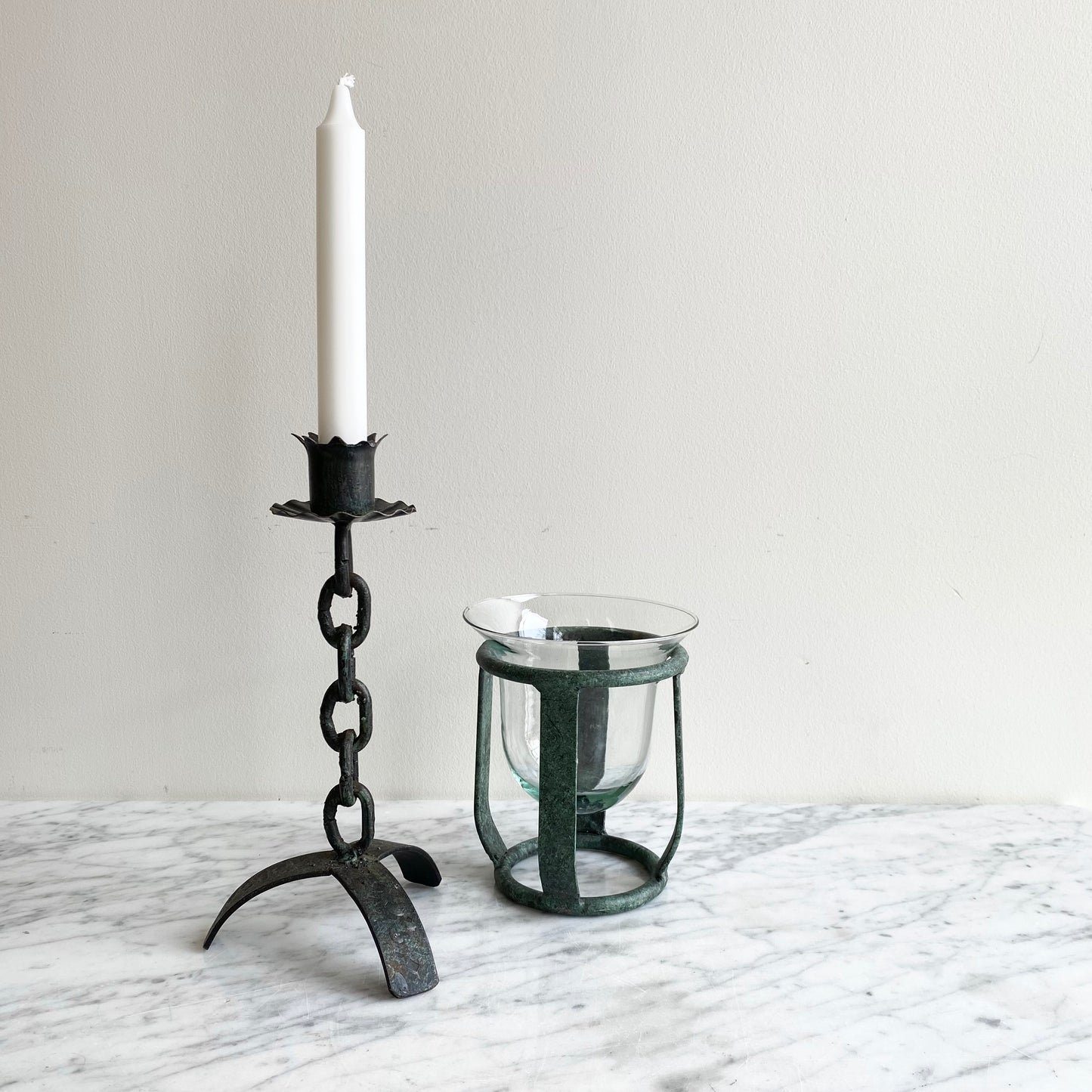 Vintage Blown Glass Candle Holder with Metal Stand, Mexico