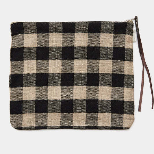 Linen Zippered Pouch, Black Natural Check