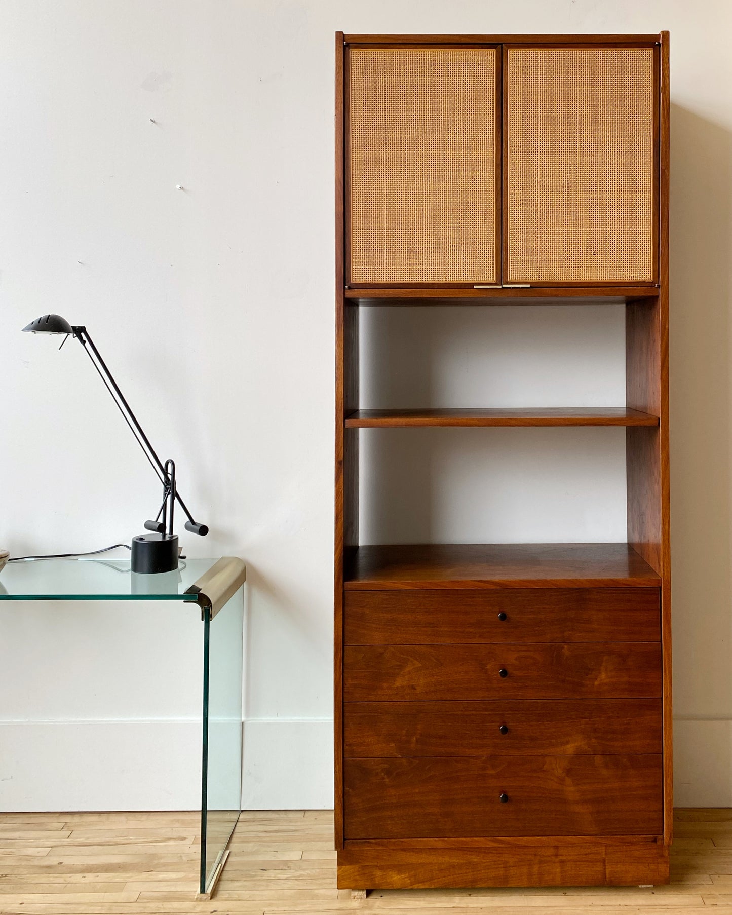 Jack Cartwright for Founders Walnut + Cane Cabinet, circa 1960
