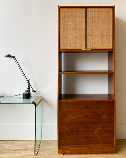 Jack Cartwright for Founders Walnut + Cane Cabinet, circa 1960