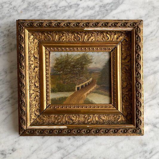 Original Antique Oil Painting, River + Bridge