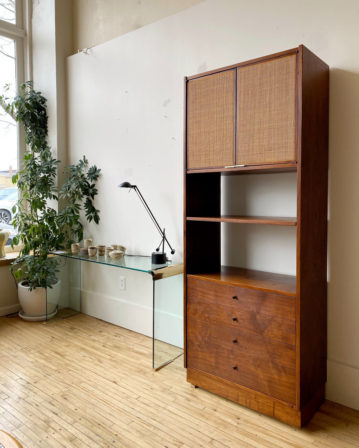 Jack Cartwright for Founders Walnut + Cane Cabinet, circa 1960