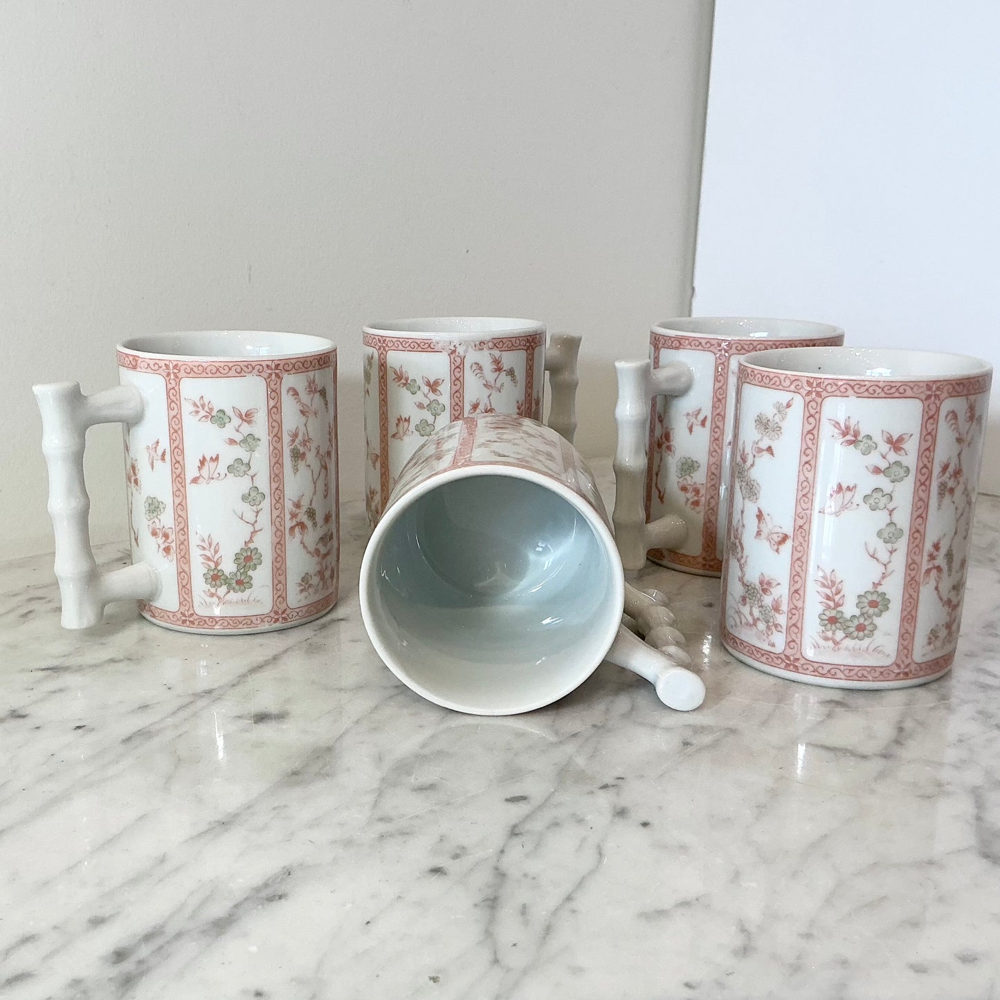 S/5 Vintage Japanese Floral Chinoiserie Patterned Ceramic Mugs