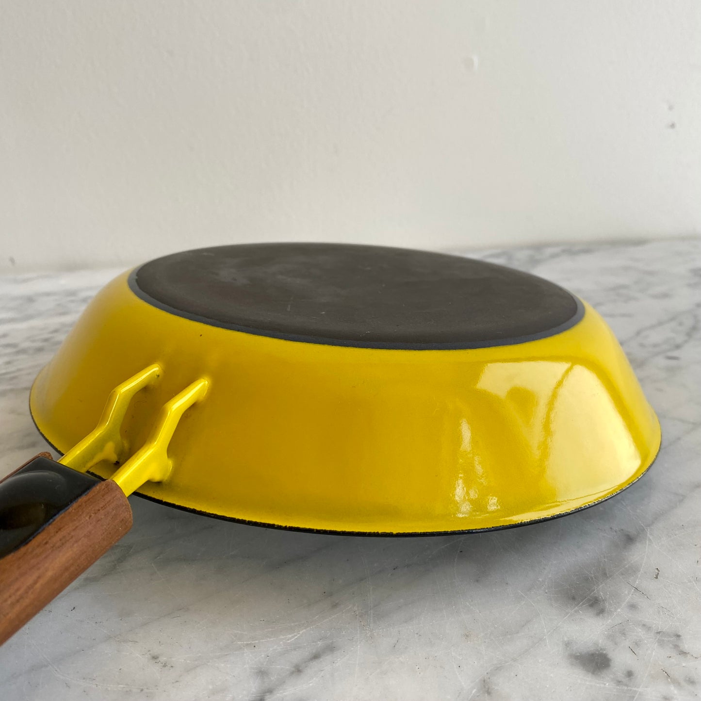 Vintage Yellow + White Enamel Skillet with Wood Handle