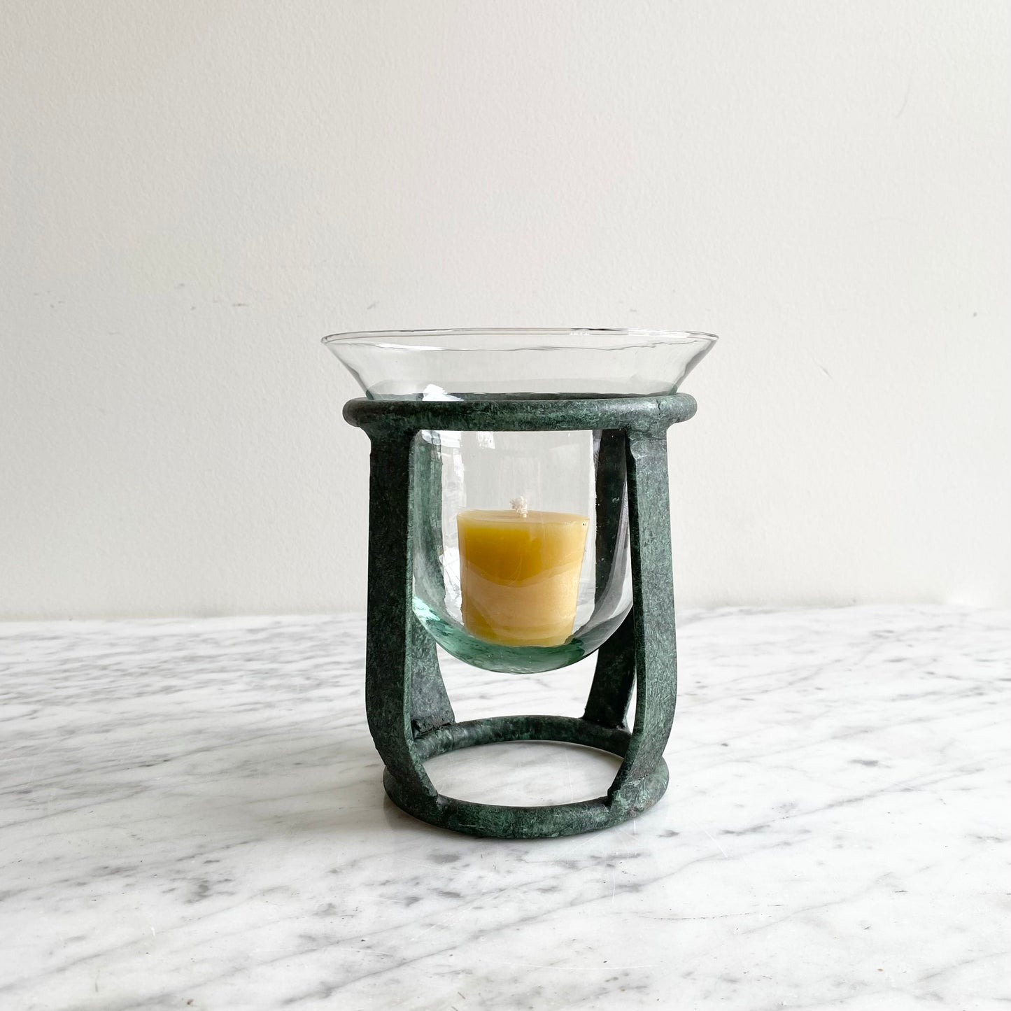 Vintage Blown Glass Candle Holder with Metal Stand, Mexico