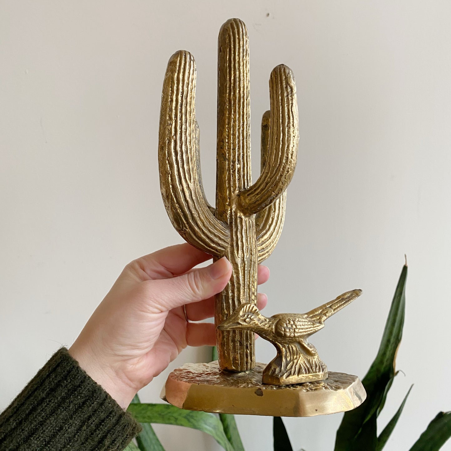 Large Vintage Brass Cactus with Roadrunner, 11"