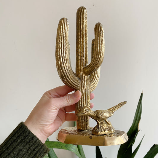 Large Vintage Brass Cactus with Roadrunner, 11"