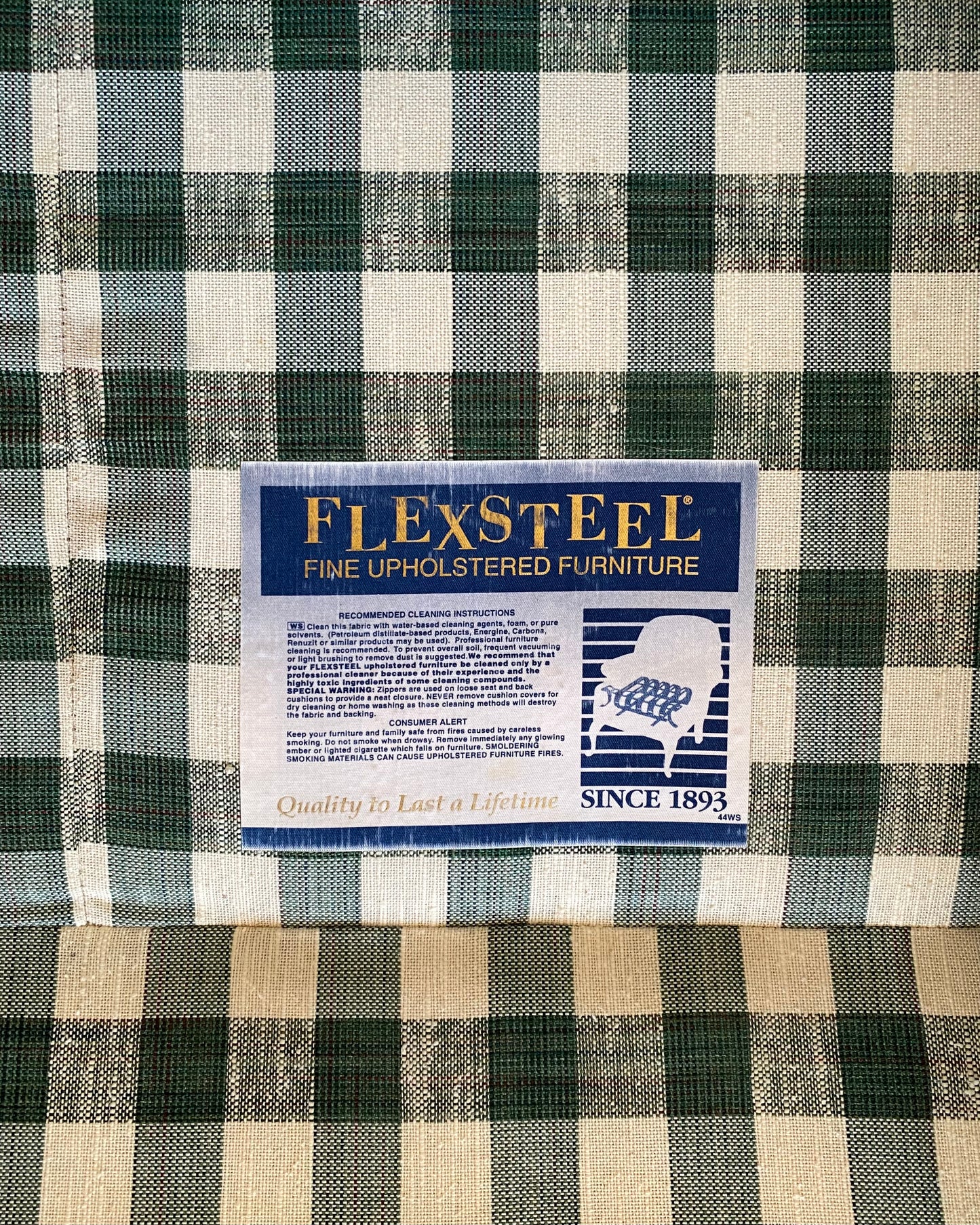 Vintage Green + White Gingham Sofa by Flexsteel