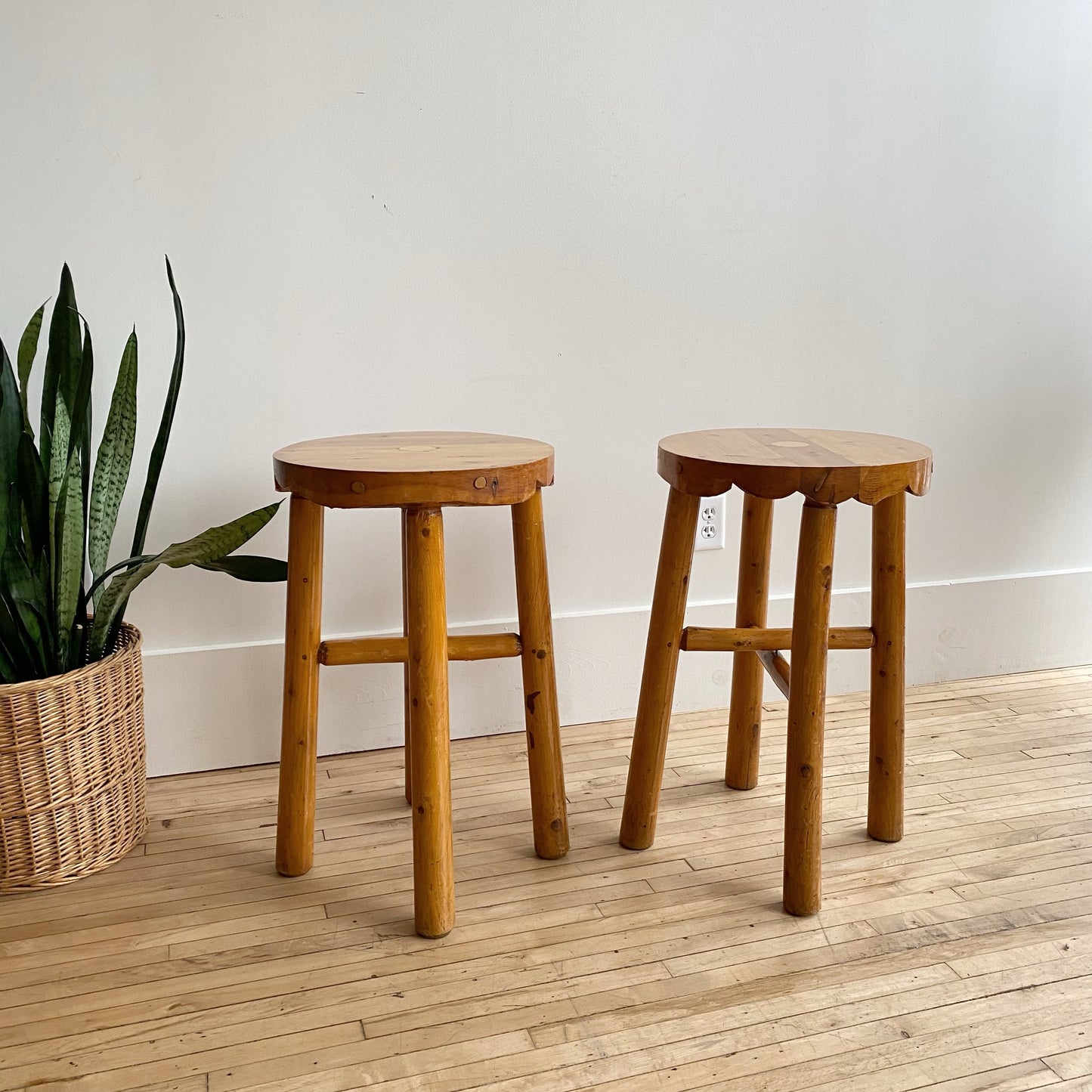 Pair of Vintage Handcrafted Folksy Pine Stools