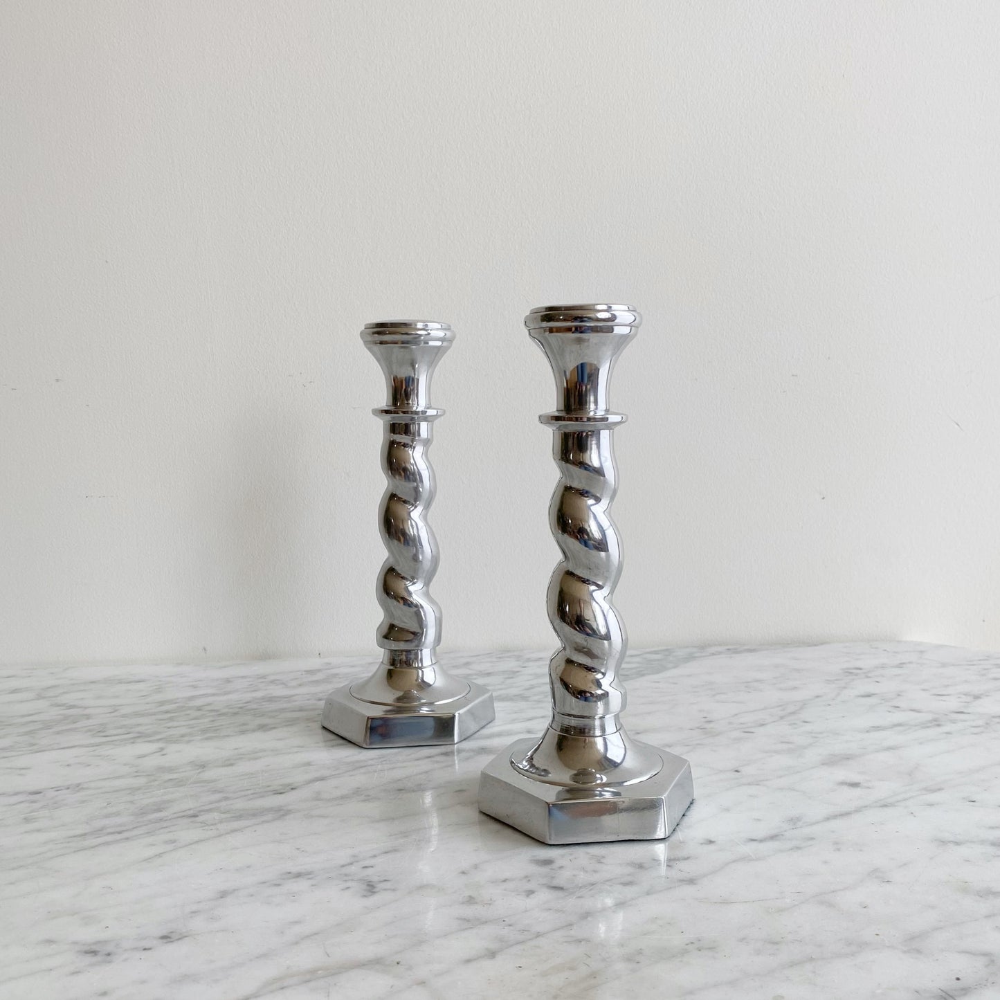 Pair of Found Twisty Silver Candlestick Holders