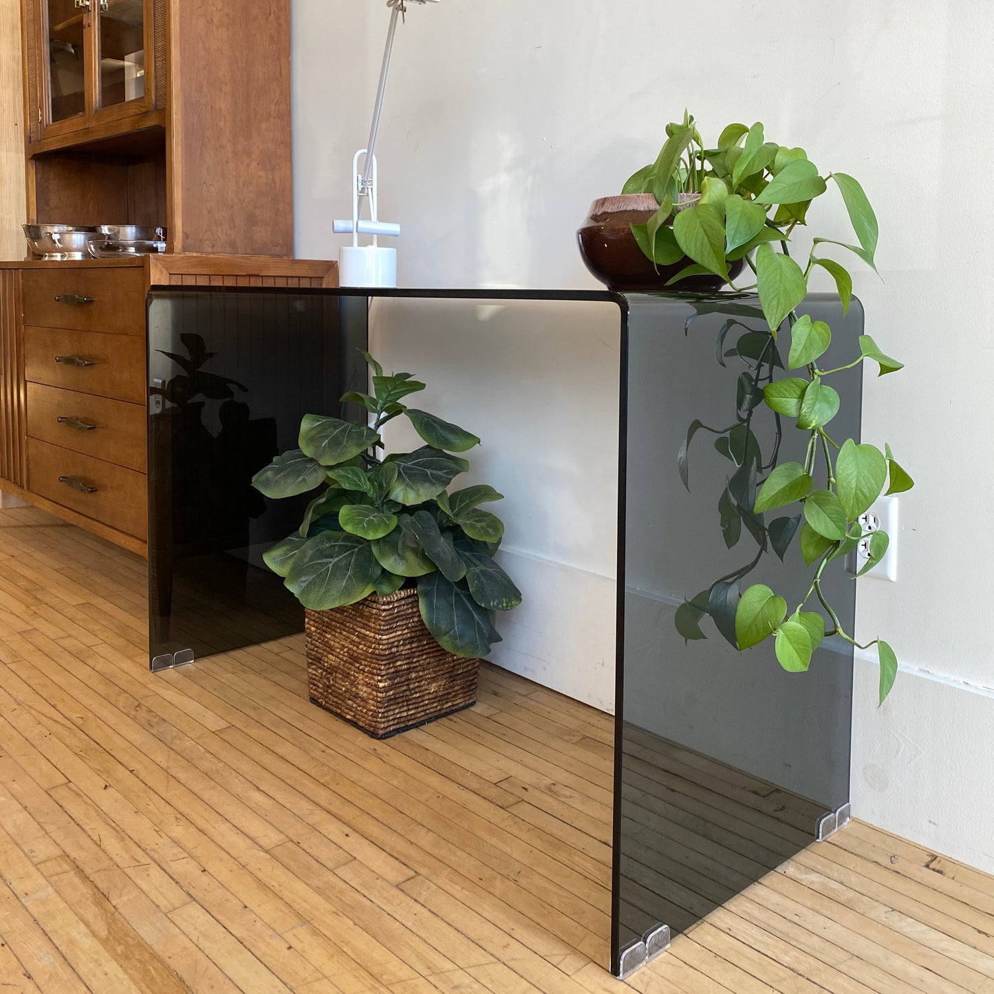 Smoked Glass Waterfall Console Table / Desk