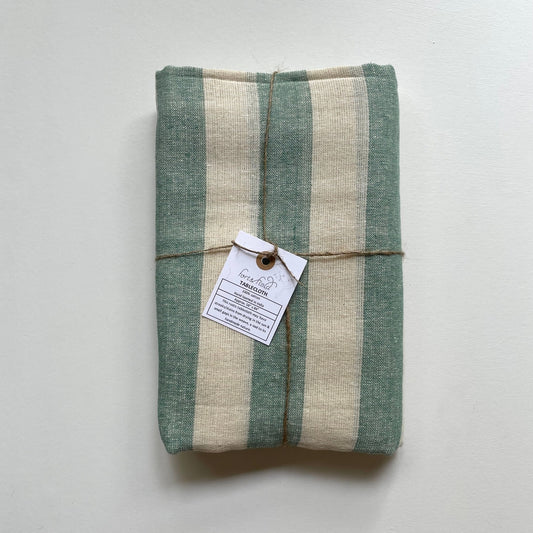 100% Cotton Neutral Stripe Rustic Rectangle Tablecloth : Green