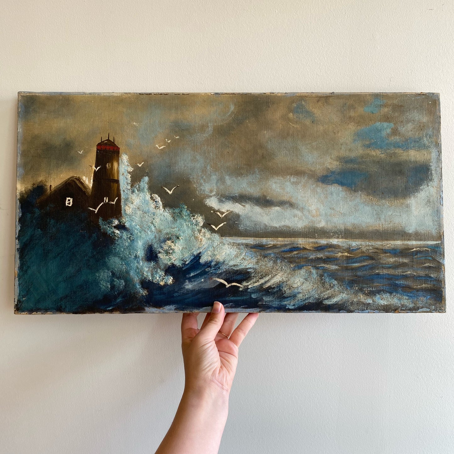 Original Vintage Lighthouse and Seashore Painting (23” x 12”)