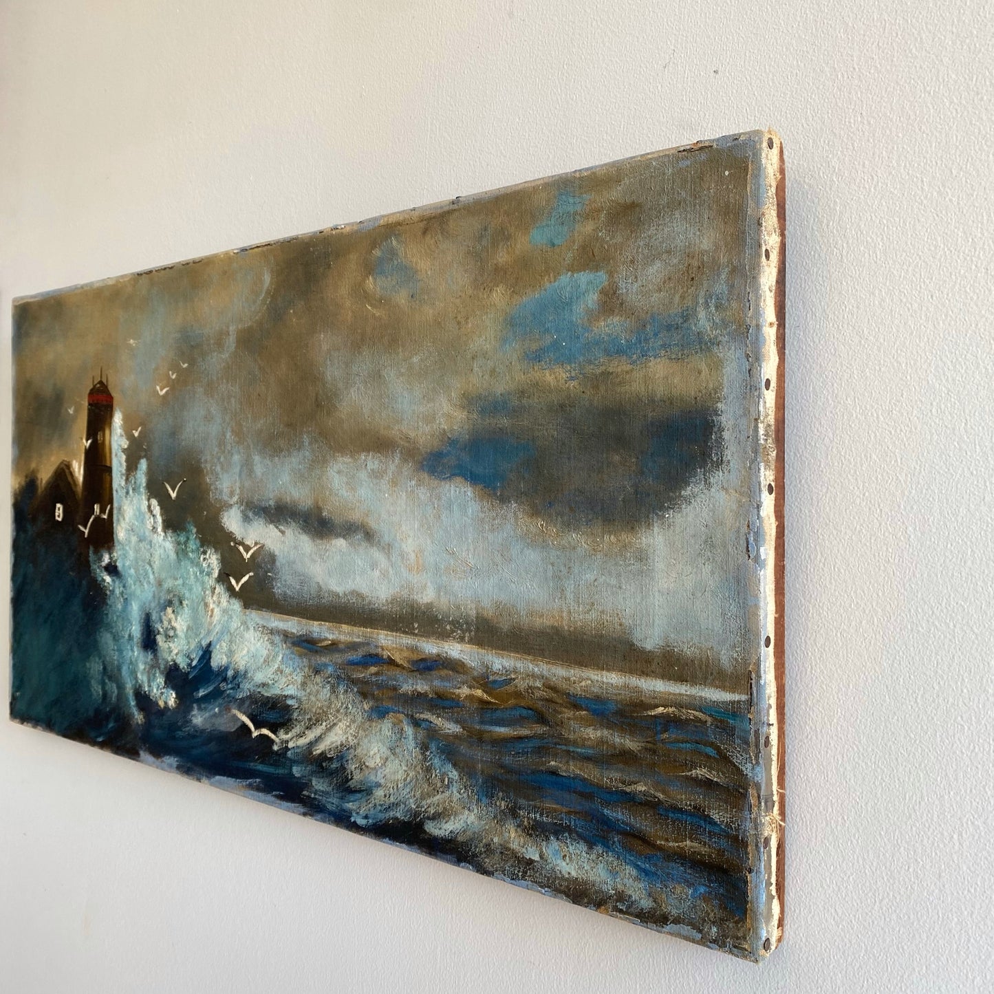 Original Vintage Lighthouse and Seashore Painting (23” x 12”)