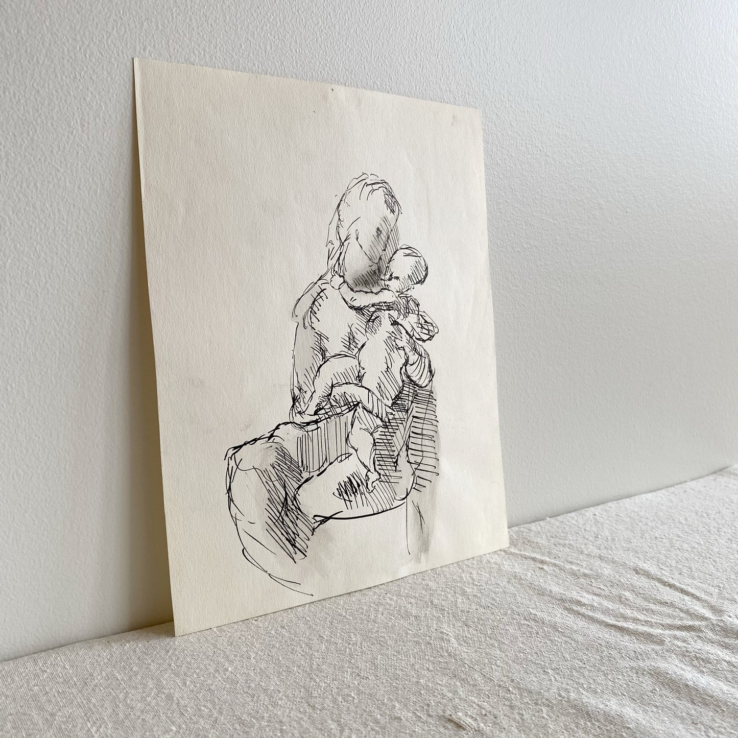 Vintage Original Ink Drawing, Woman + Child