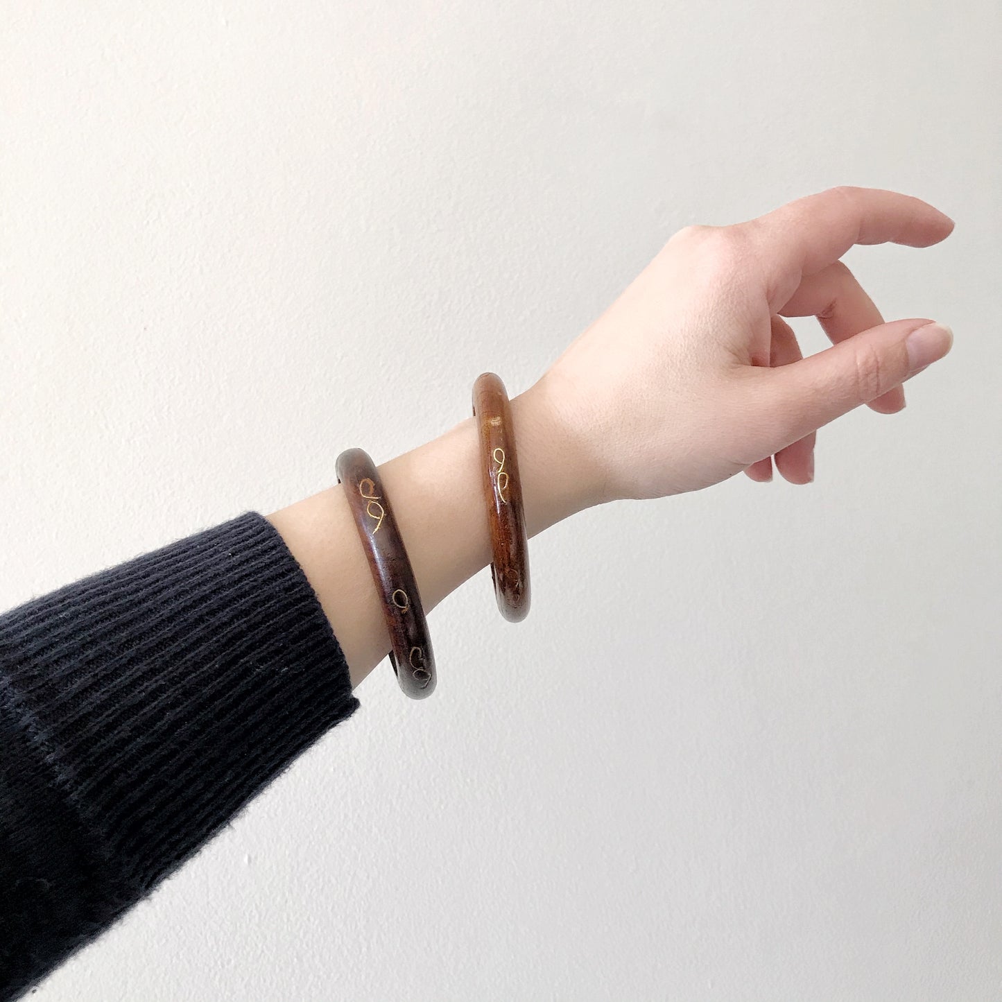 Pair of Vintage Wood Bangles with Brass Inlay
