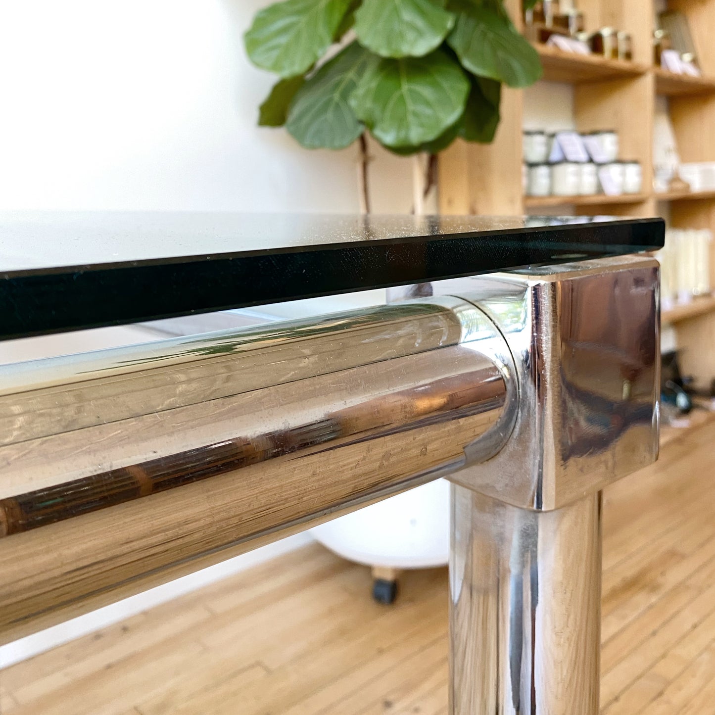 Vintage Modern Chrome + Glass Dining Table (29" square)