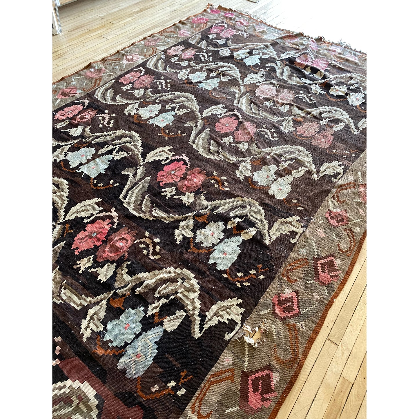 Vintage Handmade Floral Flat-Weave Rug (As-Is)