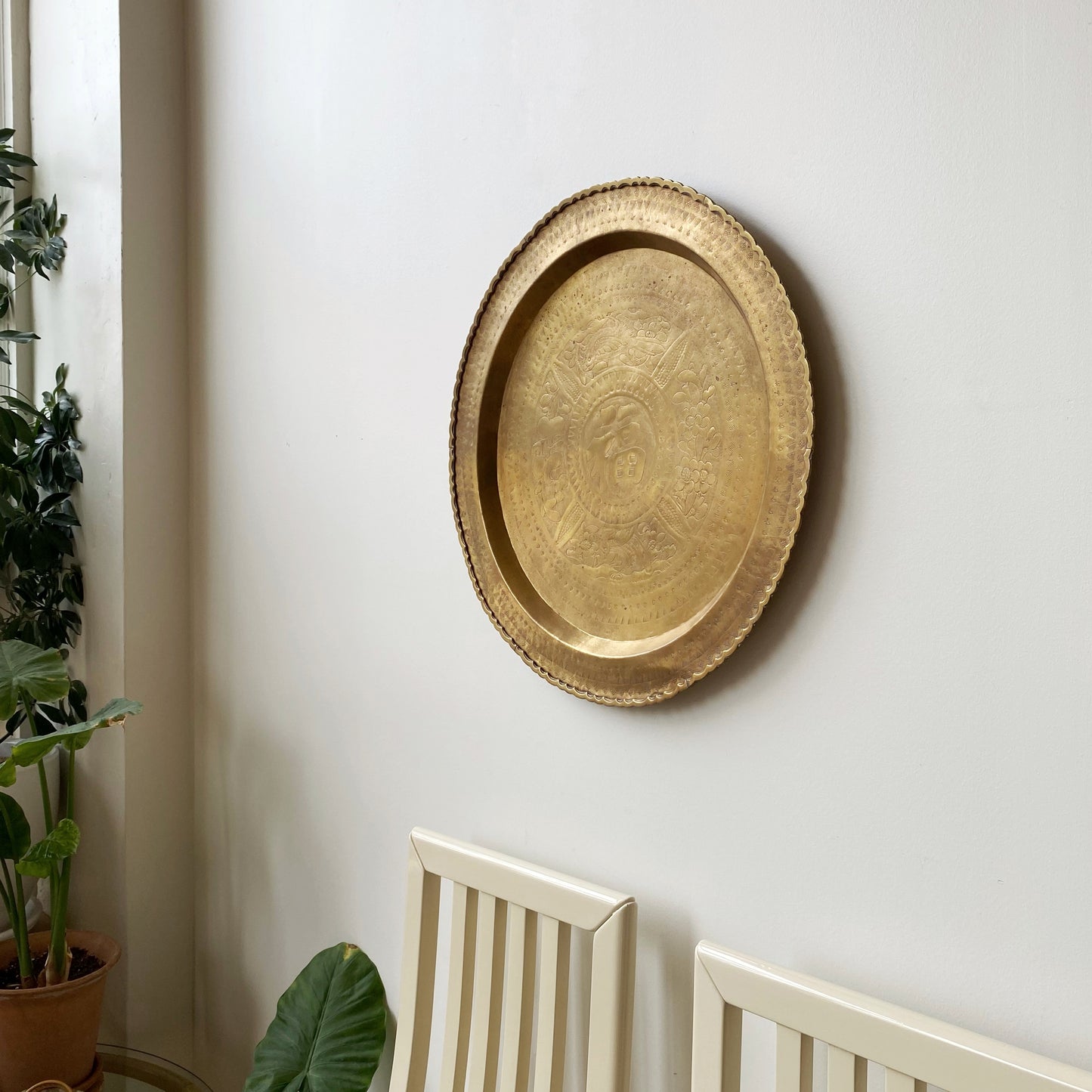 Vintage Carved Wood and Brass Tray Table