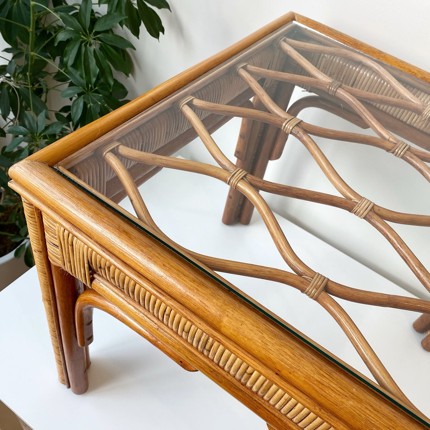 Vintage Rattan + Glass End Table / Side Table